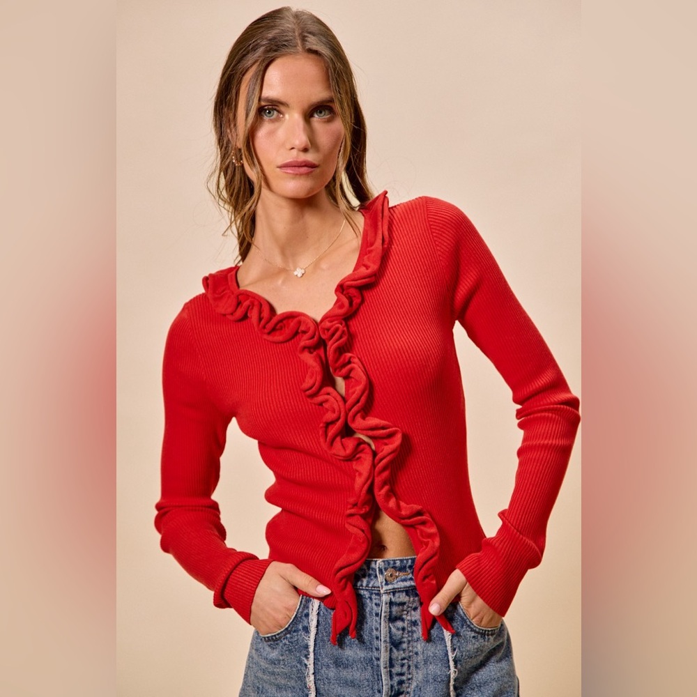 SO ME Cascade Ruffle Ribbed Sweater Cardgian